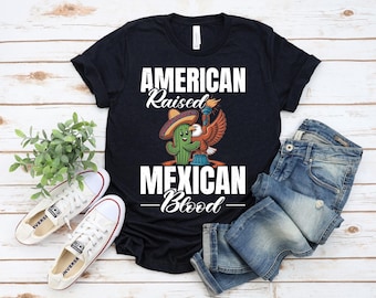 USA Mexico Flag T-Shirt, Cactus And Eagle Design, Dual Heritage Roots Tee, Mexican American Pride Shirt, American Raised Mexican Blood