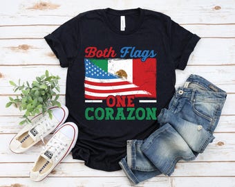 Dual Flag Mexico USA T-Shirt, Hispanic Heritage Tee, Mexican American Pride Shirt For Proud Locals, Both Flags One Corazon Quote