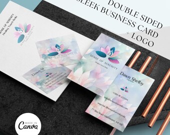 Serene Lotus Blooms: Pink and Green Business Card Design - Customizable and Elegant