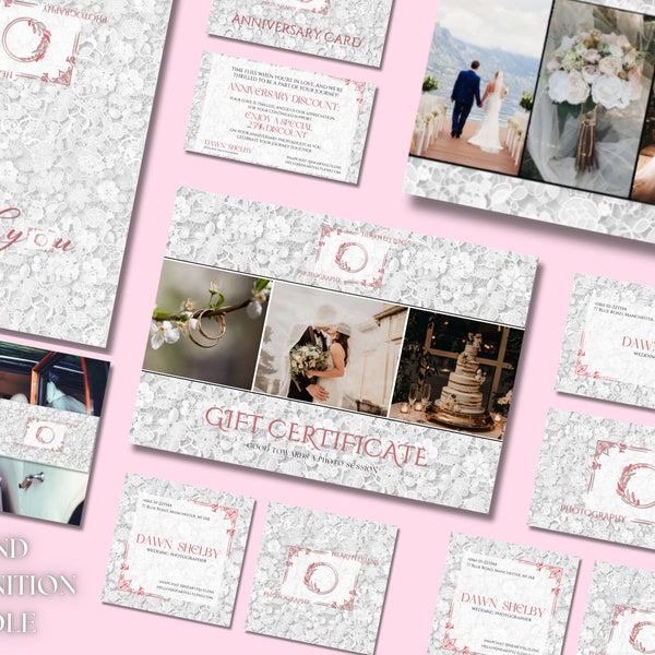 Floral Lens Brand Recognition Bundle - Premade Business Card, Thank You Card, Gift Card, Facebook Cover, Logo for Wedding Photographers