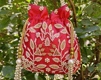 Designer Potli Bag With Pearl Work, Wedding Potli Bag, wrist bag, sling bag, Indian wedding purse, zardozi purse, drawstring pouch bag