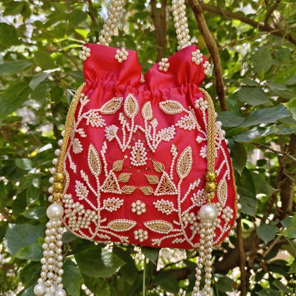 Designer Potli Bag With Pearl Work, Wedding Potli Bag, wrist bag, sling bag, Indian wedding purse, zardozi purse, drawstring pouch bag