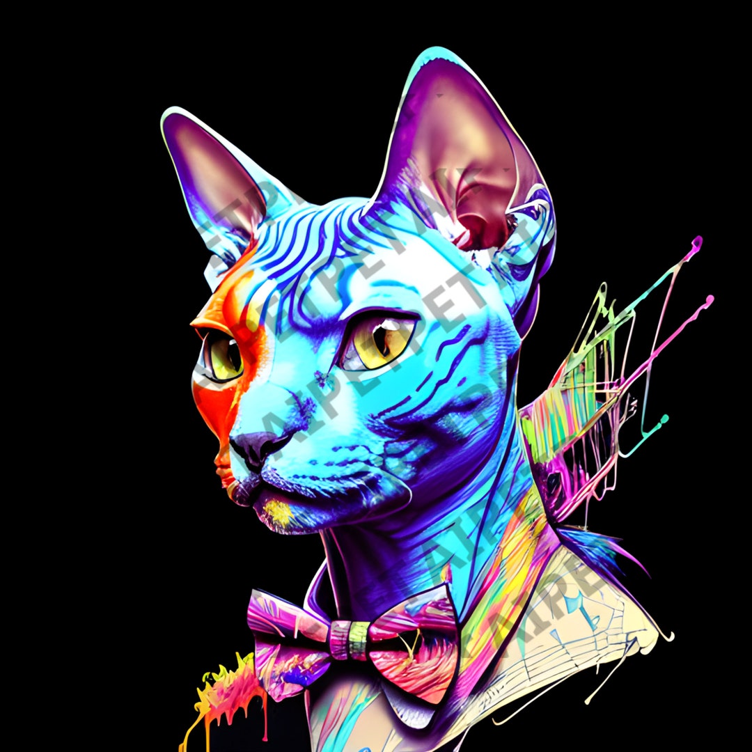 colorful-bowtie-sphynx-cat-png-water-color-painting-cat-png-etsy