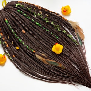 Boho Crochet Dark Brown Dreadlocks with Braids, Feathers & Leaves