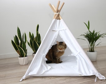 White easy assembly pet tent, Comfortable pet tent, Tipi tent for cats, Sturdy pet shelter, Modern Pet Furniture, Minimalist pet hideaway