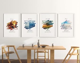 Four Elements Wall Art Set of 4, Water, Air, Earth, Fire, 4 Elements Printable Poster Set, 4 Elements Decor Wall Art, Digital Download