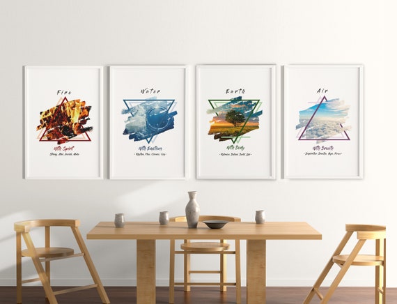 Four Elements Wall Art Set of 4, Water, Air, Earth, Fire, 4
