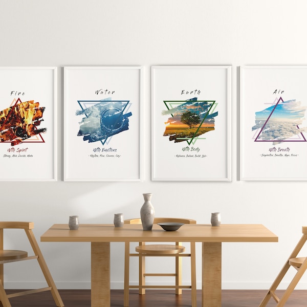 Four Elements Wall Art Set of 4, Water, Air, Earth, Fire, 4 Elements Printable Poster Set, 4 Elements Decor Wall Art, Digital Download