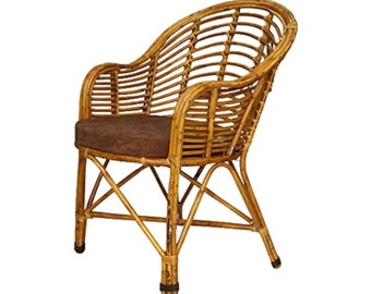 Handmade Old Fashioned Bamboo Chair, Dining Room Armchair Made of Bamboo and Rattan with Cushion, Mother's Day, Vintage Wooden Cane Chair