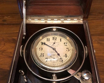 Nautical Antique Original HAMILTON Ship Chronometer With Wooden box - Made in Lancaster, London