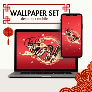 May include: A set of two digital wallpapers featuring a cartoon dragon with red, orange, and black scales, flying through clouds with a gold and white circular border. The text "WALLPAPER SET desktop + mobile" is at the top of the image.