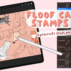 May include: A digital illustration of a Procreate brush pack featuring 11 different cat stamps. The stamps are in various poses and styles, including a cat with a scarf, a cat curled up, and a cat sitting with its paws crossed. The text "FLOOF CAT STAMPS" is displayed in large, bold letters at the top of the image. The text "procreate brush pack" is displayed in smaller letters below the cat stamps.