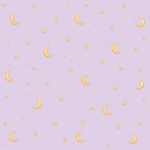 Può includere: Un motivo ripetuto di lune crescenti e stelle dorate su uno sfondo viola chiaro. Il design celeste presenta stelle e lune di varie dimensioni, creando un'estetica stravagante e sognante. Adatto per prodotti per bambini.