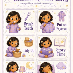 Può includere: Un set di schede della routine della buonanotte, "Naila's Bedtime Routine Cards", con illustrazioni di un bambino che svolge attività prima di dormire. Le schede mostrano lavarsi i denti, indossare il pigiama, riordinare, leggere, abbassare le luci e sogni d'oro.