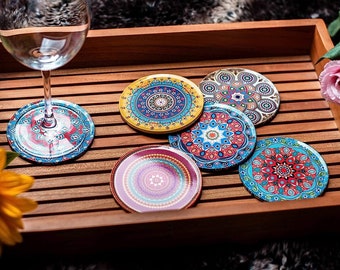 Coasters Set of 6 Glass Coasters | Coaster set gift | Oriental decoration | Gift (Mandala Edition)