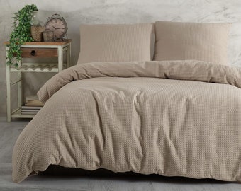 Ropa de cama con estructura tipo gofre de 3 piezas: funda nórdica 200 x 200 cm | Algodón | Fantástico confort (beige, 200 x 200 cm + 2X 80 x 80 cm)
