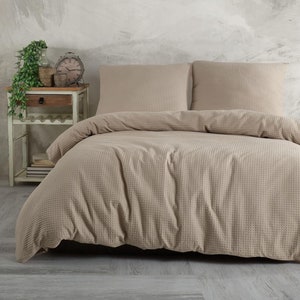 Bettwäsche mit Waffelstruktur 3-teilig: Bettbezug 200x200cm Baumwolle Traumhafter Komfort Beige, 200 x 200 cm 2X 80 x 80 cm Bild 1