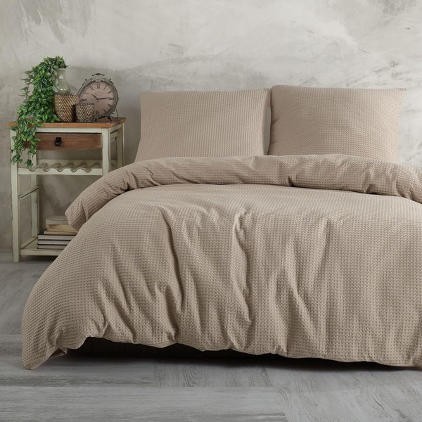 Bettwäsche mit Waffelstruktur 3-teilig: Bettbezug 200x200cm | Baumwolle | Traumhafter Komfort (Beige, 200 x 200 cm + 2X 80 x 80 cm)