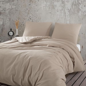 Bettwäsche mit Waffelstruktur 3-teilig: Bettbezug 200x200cm Baumwolle Traumhafter Komfort Beige, 200 x 200 cm 2X 80 x 80 cm Bild 2