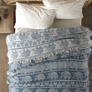 Bali bedspread | Bed throw blanket reversible blanket sofa blanket modern blanket | 100% cotton, Oeko-Tex® (Elephant Teal 220 x 240 cm)