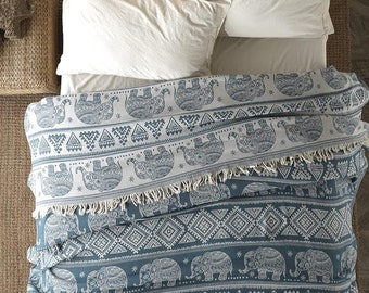 Tagesdecke Bali | Bettüberwurf Wohndecke Wendedecke Sofadecke modern blanket | 100% Baumwolle, Oeko-Tex® (Elephant Teal  220x240cm)