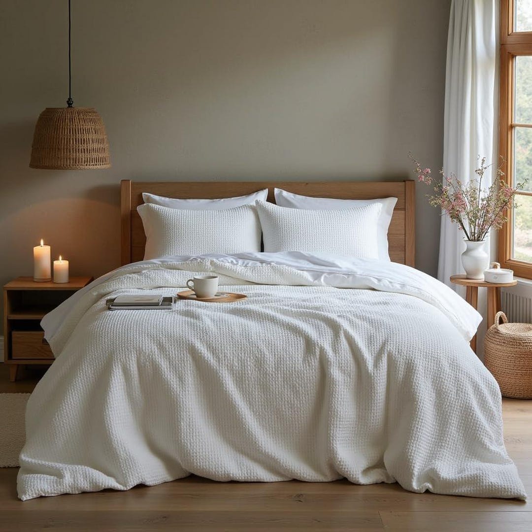 Bettwäsche mit Waffelstruktur 3-teilig: Bettbezug 200x200cm + 2X Kissenbezug 80x80cm atmungsaktiv & pflegeleicht, 100% Baumwolle