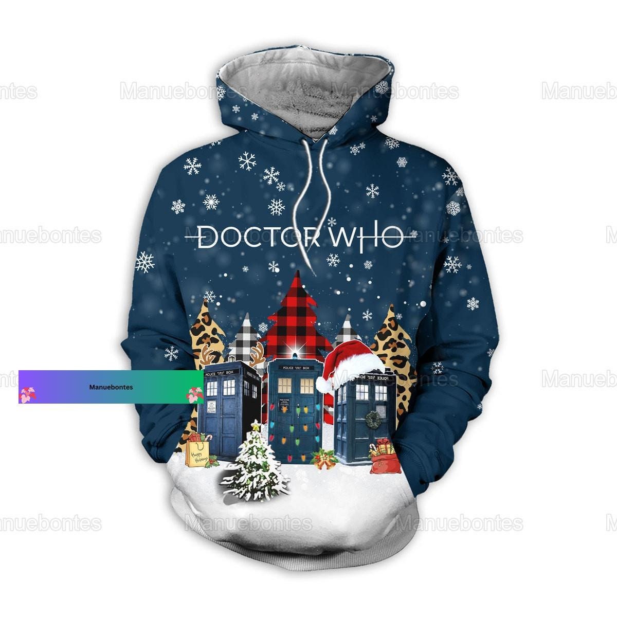 Discover Christmas Doctor Who Hoodies, Doctor Who Xmas Hoodies, Police Box Xmas 3D Hoodie