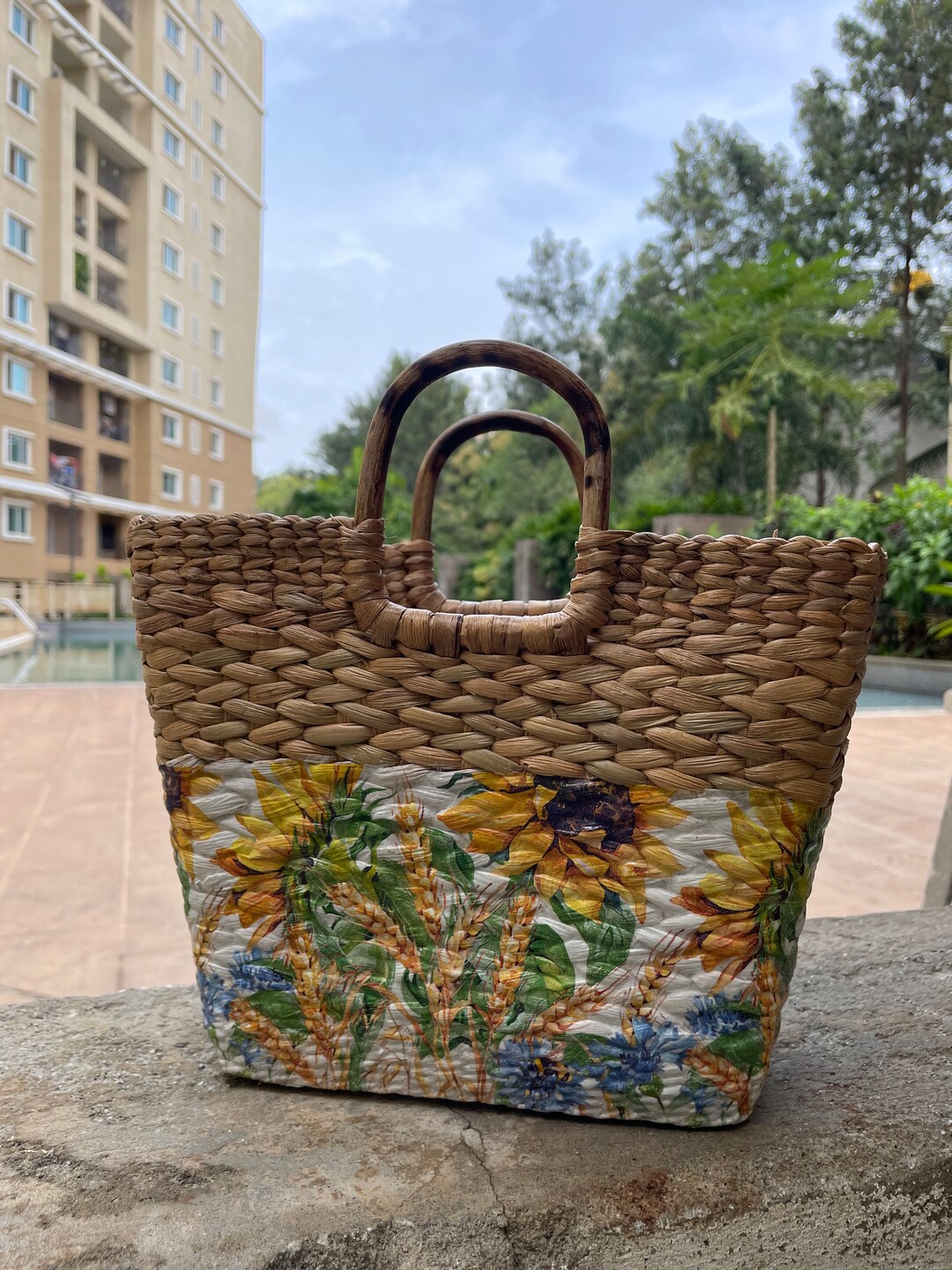 Water Hyacinth Handmade Basket Bag With Decoupage - Etsy
