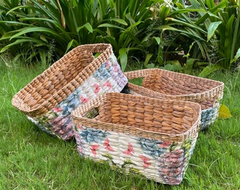 Natural Elegance: Water Hyacinth Multi-Utility Basket Set of 3 with Decoupage