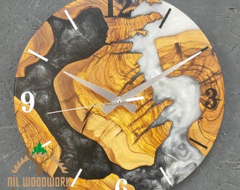 Epoxy Resin Olive Wood Wall Clock, Modern Art, Large Round Clock
