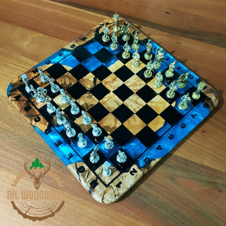 Resin Chess Board Made of Olive Wood Resin and Wood Chess Etsy