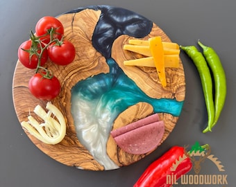 Resin Olive Wood Charcuterie Board: Epoxy Serving Platter, Wooden Cheese Board