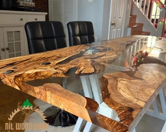 Collapsible Resin Dining Table Made of Olive Wood, Special Design Epoxy Wooden Dining Table, Resin Office Table, Gaming Table, Round Table