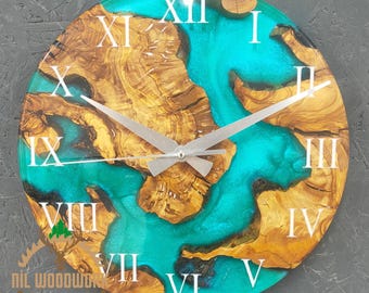 Personalized Olive Wood Resin Wall Clock, Modern Home Decor