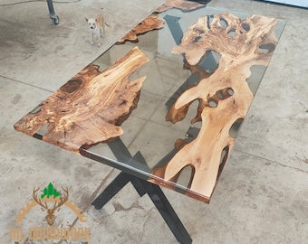 Custom Olive Wood Resin Dining Table: Unique Epoxy River Table