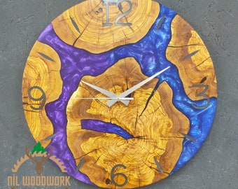 Personalized Olive Wood Wall Clock: Resin Inlay, Handmade Wooden Clock