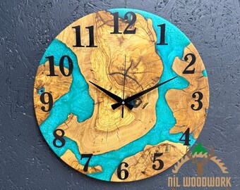 Large Olive Wood Resin Wall Clock - Gold Accent, 18'' Diameter