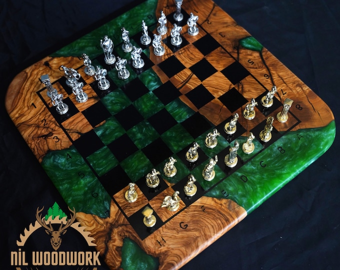 Resin Chess Board Made of Olive Wood, Resin and Wood Chess Set, 16
