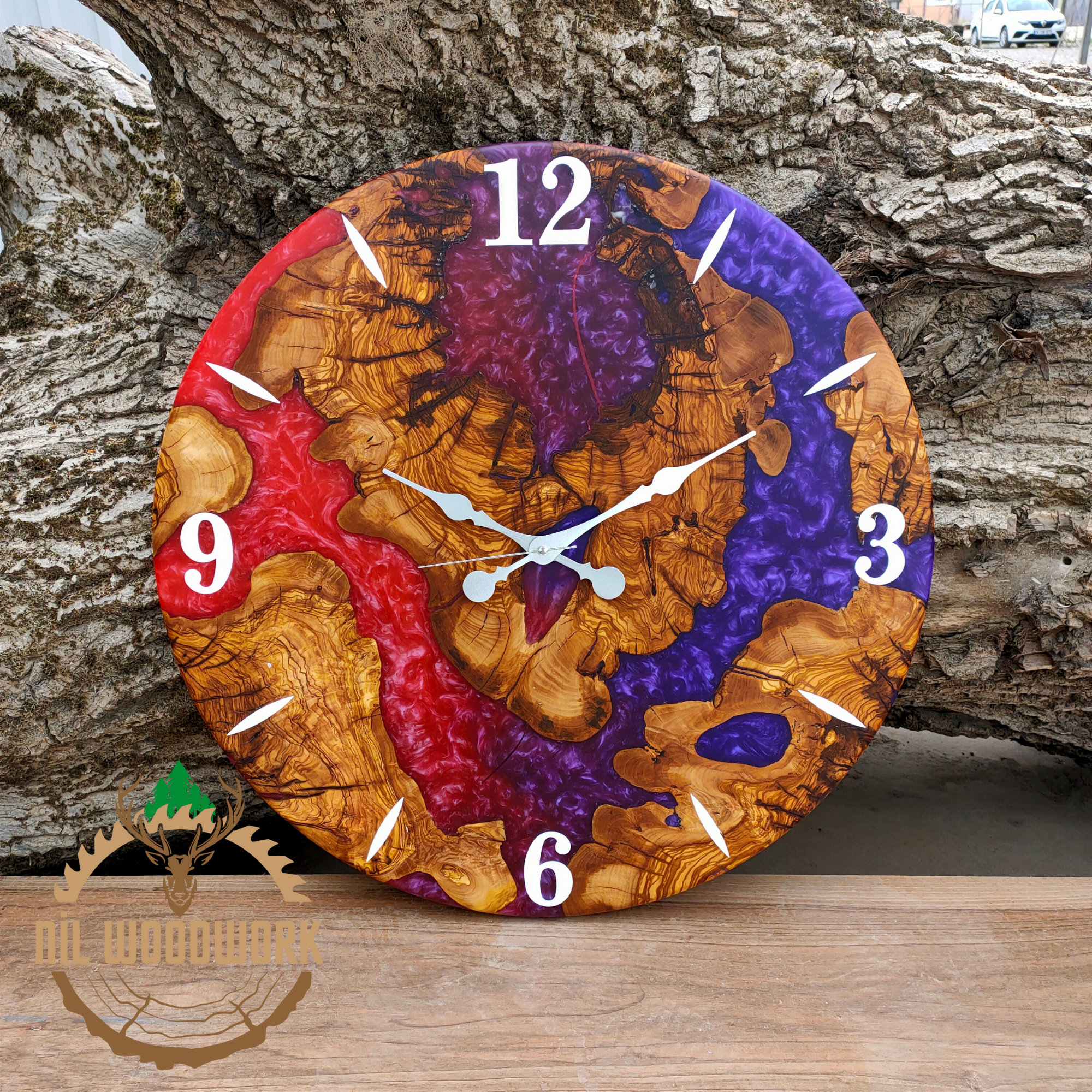 Personalized Large Wall Clock Made of Olive Wood, Unique Resin Wooden