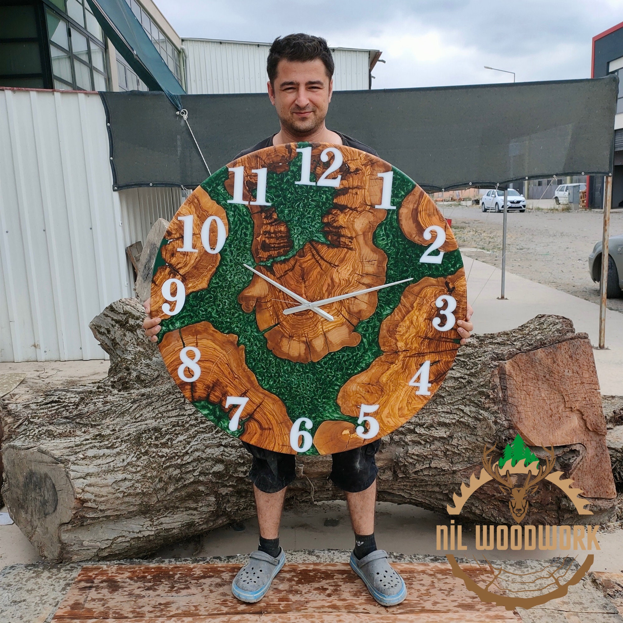 Personalized Large Wall Clock Made of Olive Wood, Unique Resin Wooden