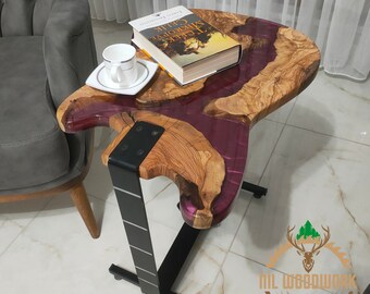 Olive Wood Guitar Coffee Table: Personalized Resin Music Lover Table, End Tables