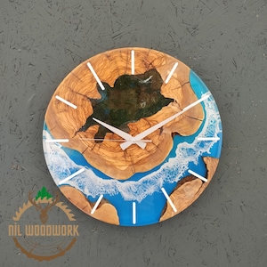 Wall Clock Made Of Olive Wood | 16&#39;&#39; Wall Clock | Fully Handmade Unique Gifts For Her | Epoxy Ocean Art | Wood Wall Art | Rustic Olive Wood