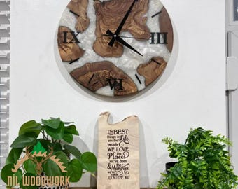 Personalized Olive Wood Resin Wall Clock: Modern Epoxy Design