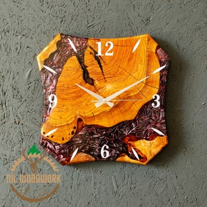 Personalized Oval Square Cut Wall Clock Made of Olive Wood, Special Design Handmade Wooden Resin Wall Clock, Unique Modern Wall Clock