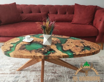 Persönlich gestalteter Couchtisch aus Olivenholz, Epoxy-Couchtisch mit einzigartigem Design, moderner Couchtisch, Massivholztisch