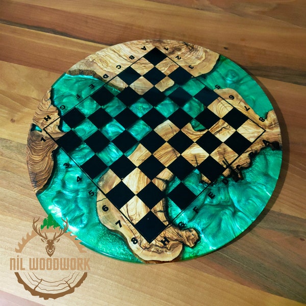 Made to Order Olive Wood and Epoxy Chess Board, Round Resin Chess Set, Handmade Chess Board, Wooden Chess Board, 3D Chess Set, Chess Set