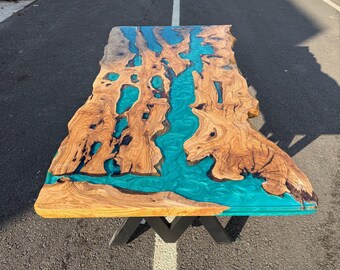 Live Edge Olive Wood Epoxy Resin Table – One of a Kind Handmade Luxury Wood Table