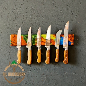 Custom Order Magnetic Knife Rack, Resin and Olive Wooden Knife Holder, Epoxy and Wood Knife Bar, Knife Block and Storage For Wall, Engraving
