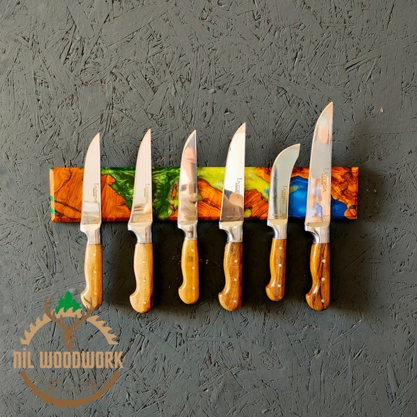 Custom Order Magnetic Knife Rack, Resin and Olive Wooden Knife Holder, Epoxy and Wood Knife Bar, Knife Block and Storage For Wall, Engraving