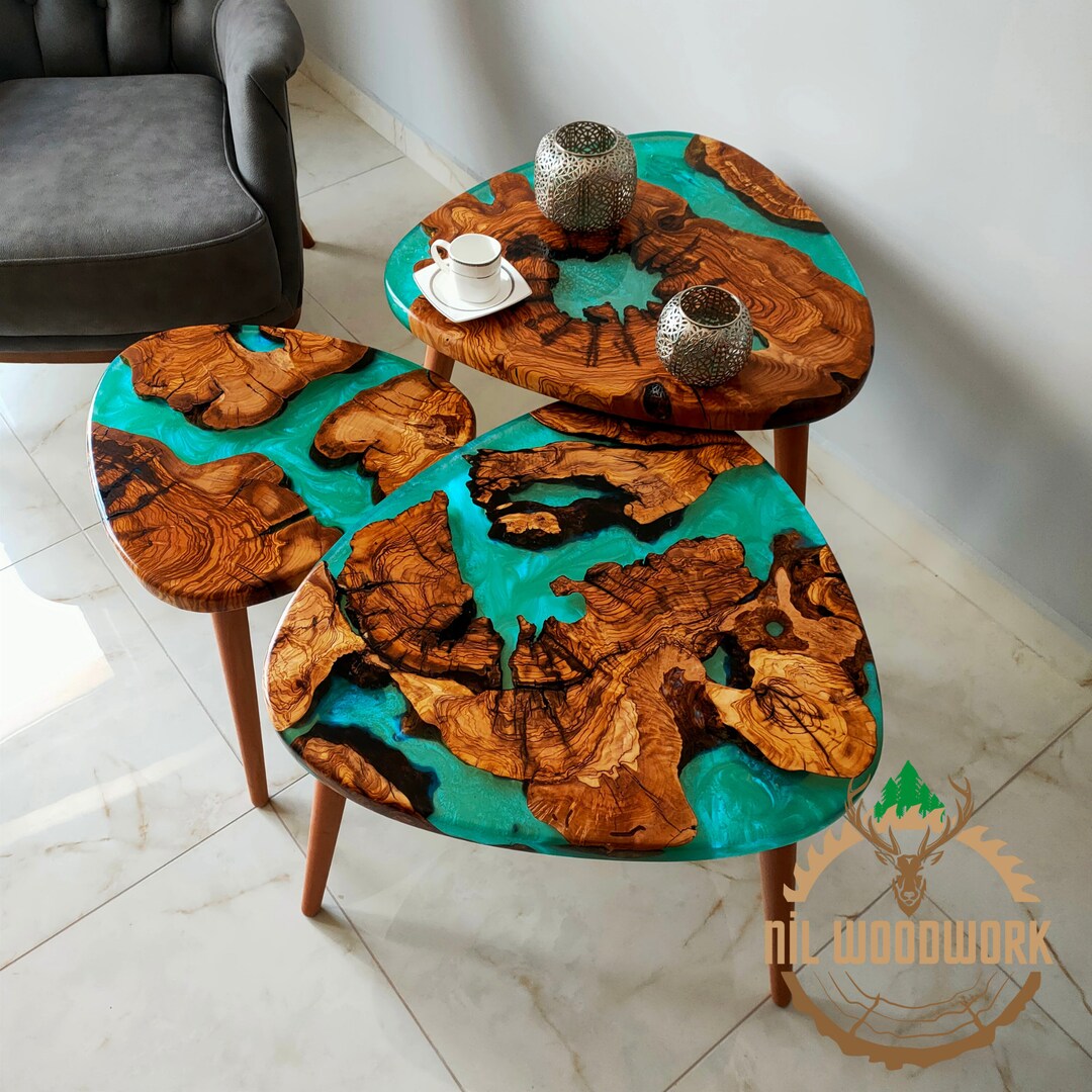Personally Designed Resin Coffee Table Set Made of Olive Wood, Unique